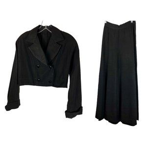 Vintage 40s 50s Unusual Crop Jacket Bare Midriff Skirt Suit Black Cocktail Tall